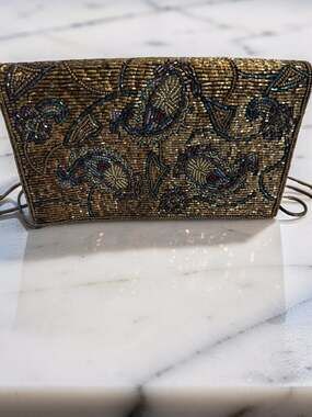 Vintage Lyrella Bronze Gold Paisley Beaded Evening Shoulder Bag Clutch